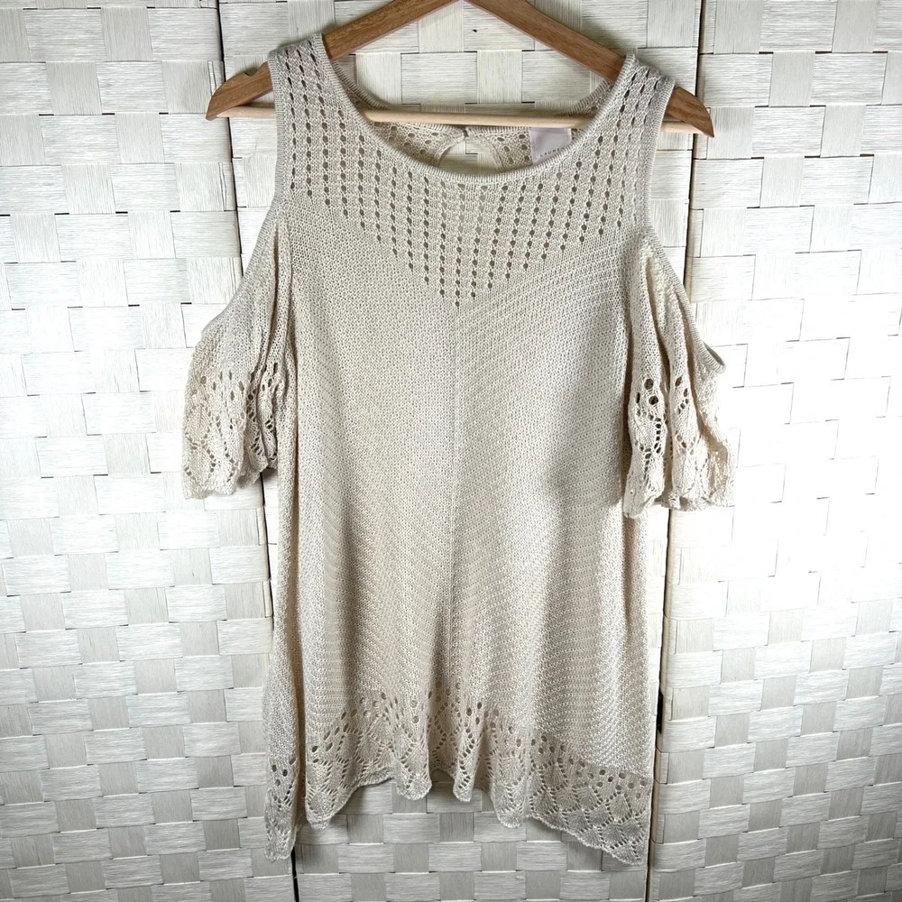 Womens Crochet Knit Western Boho Cold‎ Shoulder Tunic Layering Dress XL Beige